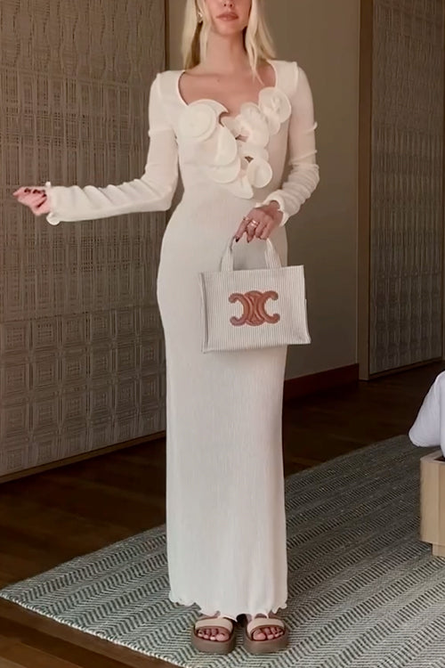 Long Sleeves Back Slit Shirred Maxi Dress