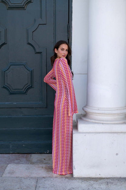 V Neck Bell Sleeve Wavy Striped Crochet Beach Vacation Maxi Dress