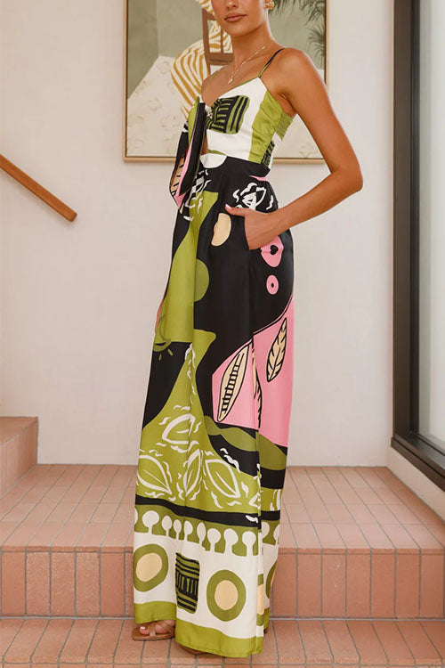 Moxidress Tie Front Cut Out Wide Leg Printed Cami Jumpsuit