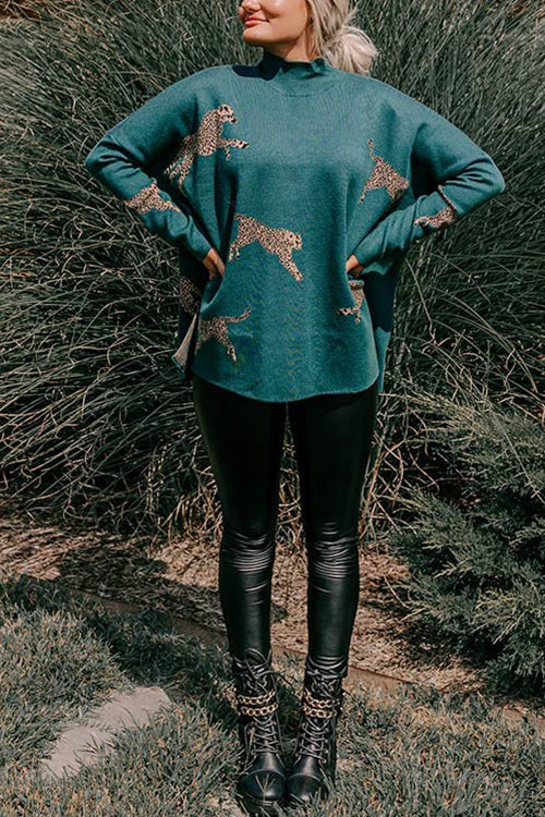 High Neck Side Slit Cheetah Pattern Sweater