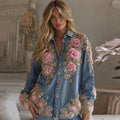 Women's Vintage Floral Embroidery Art Linen Blend Shirt elevenforest