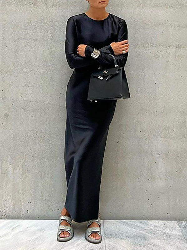 Loose Long Sleeves Color Round-neck Maxi Dresses