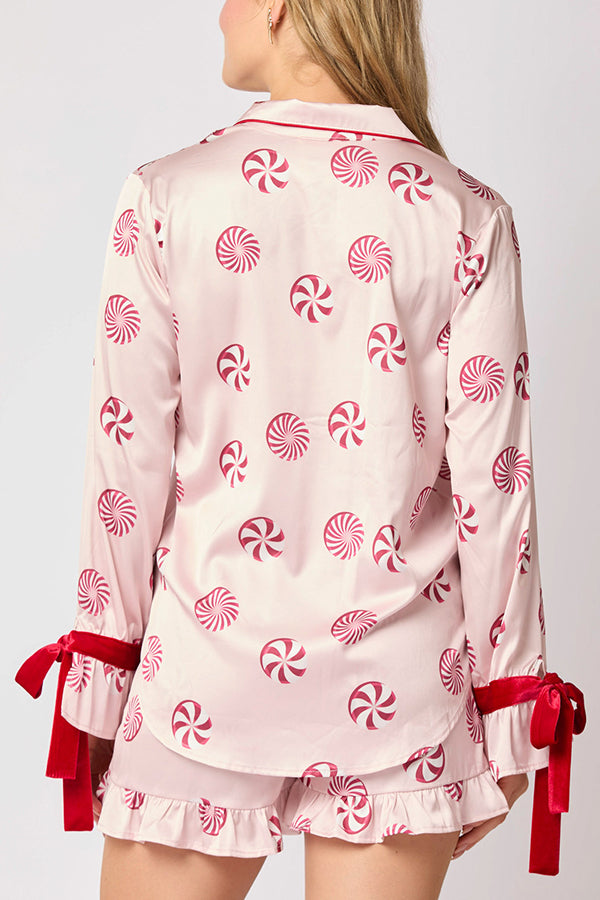 Christmas Printed Bow Tie Top and Elastic Waist Ruffle Shorts Set