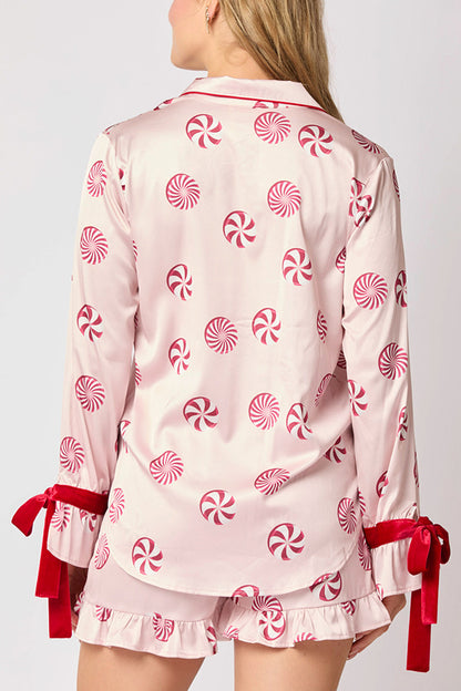Christmas Printed Bow Tie Top and Elastic Waist Ruffle Shorts Set
