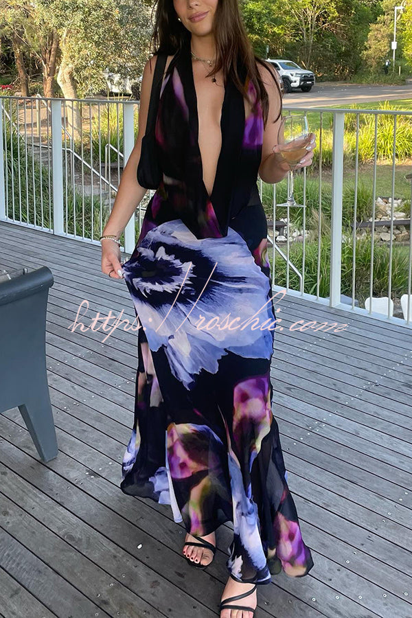 Bold and Tie-dye Abstract Halter Drape Neck Backless Maxi Dress