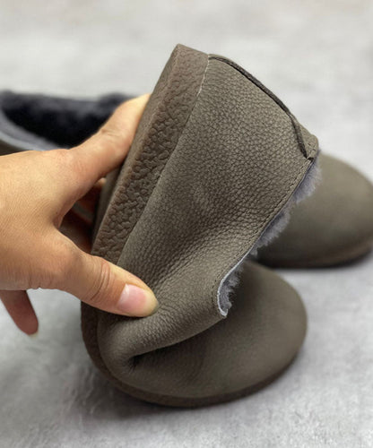 Coffee Boots Cowhide Leather Fuzzy Wool Lined Flat Boots