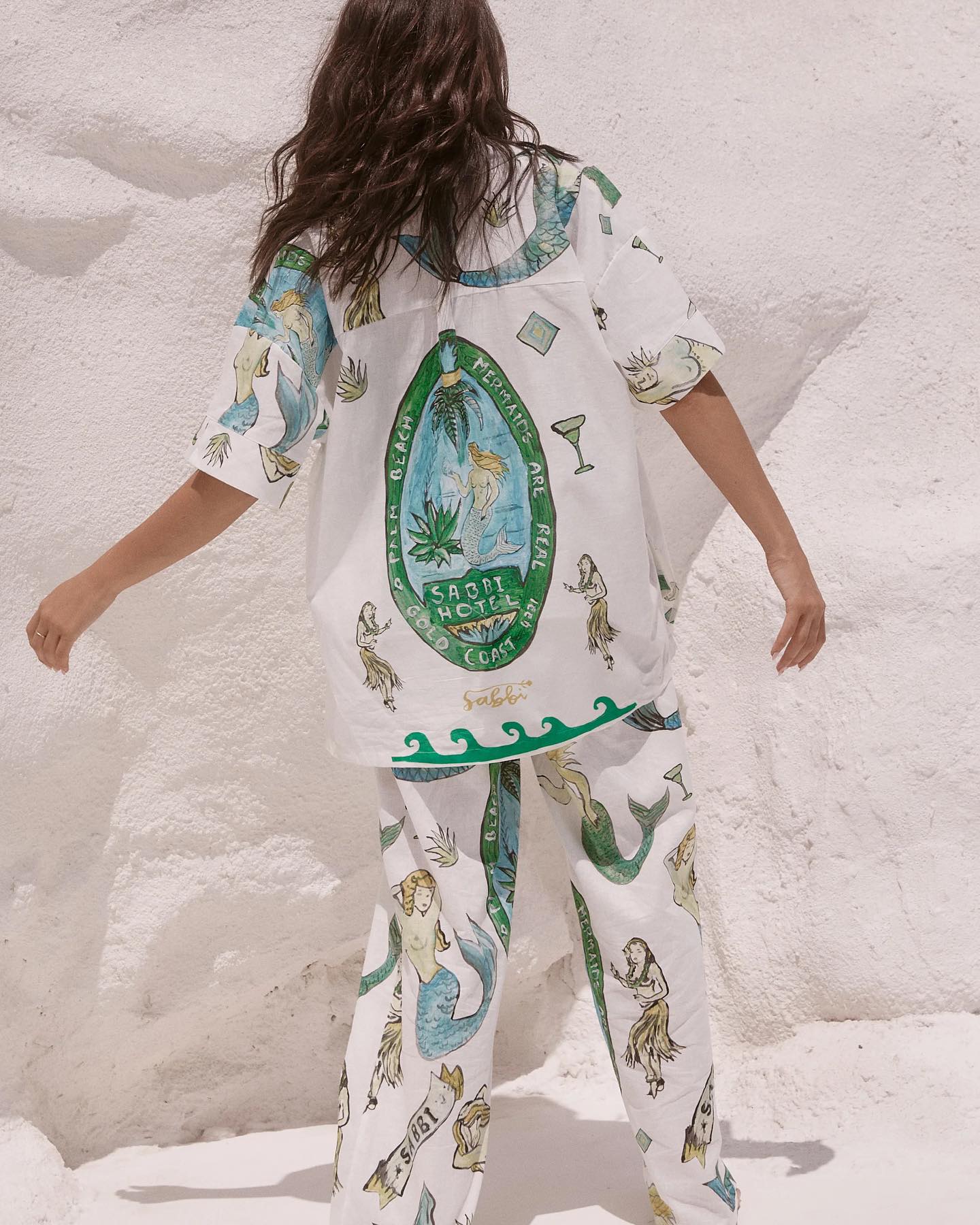 Mermaid Print Short-sleeved Shirt and Wide-leg Pants Two-piece Set