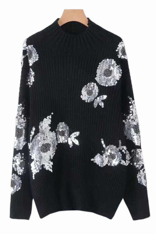 Turtleneck Loose-fitting Sequined Pattern Long Sleeve Knitted Sweater
