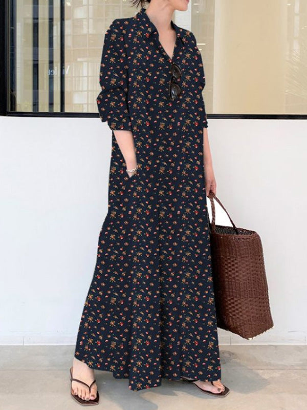 Printed Lapel Long Sleeve Shirt Maxi Dress