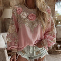 Women's Pink Flower Embroidery Art Print Long Sleeve T-shirt elevenforest