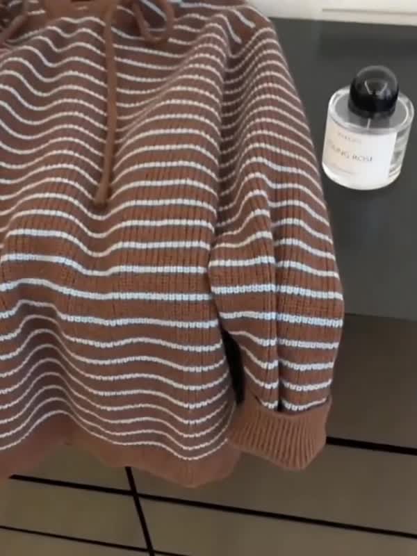 Coffee Color Hooded Stripe Lace Up Sweater