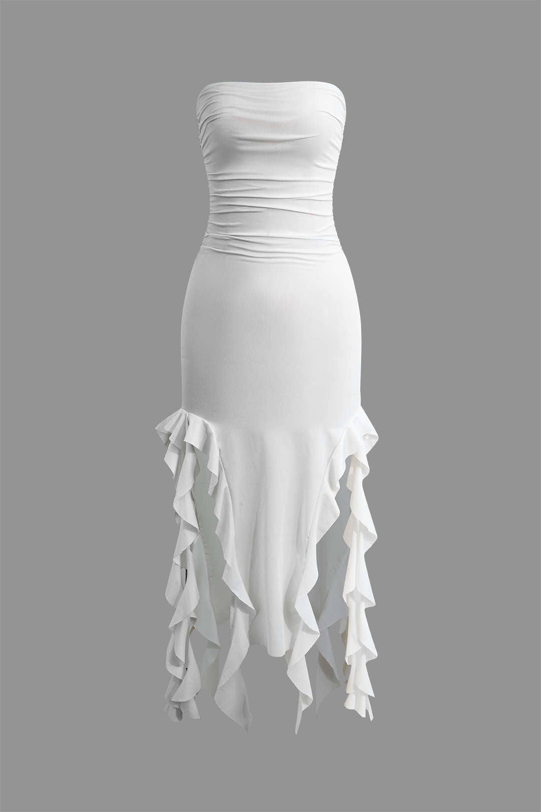 Color French Ruffle Hem Ruched Tube Maxi Dress