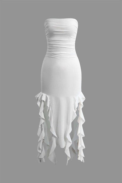 Color French Ruffle Hem Ruched Tube Maxi Dress