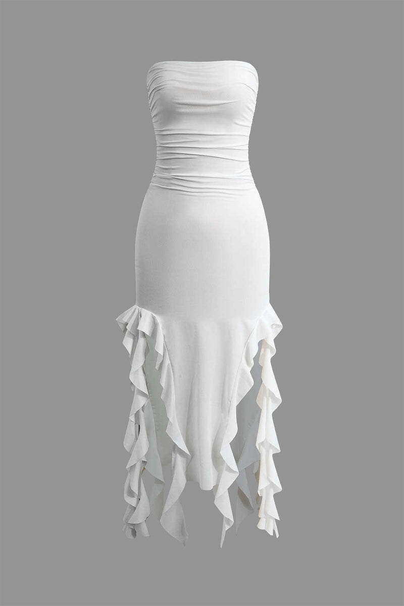 Color French Ruffle Hem Ruched Tube Maxi Dress