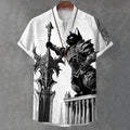 Men's Retro Cat Warrior Art Print Half Button Shirt elevenforest