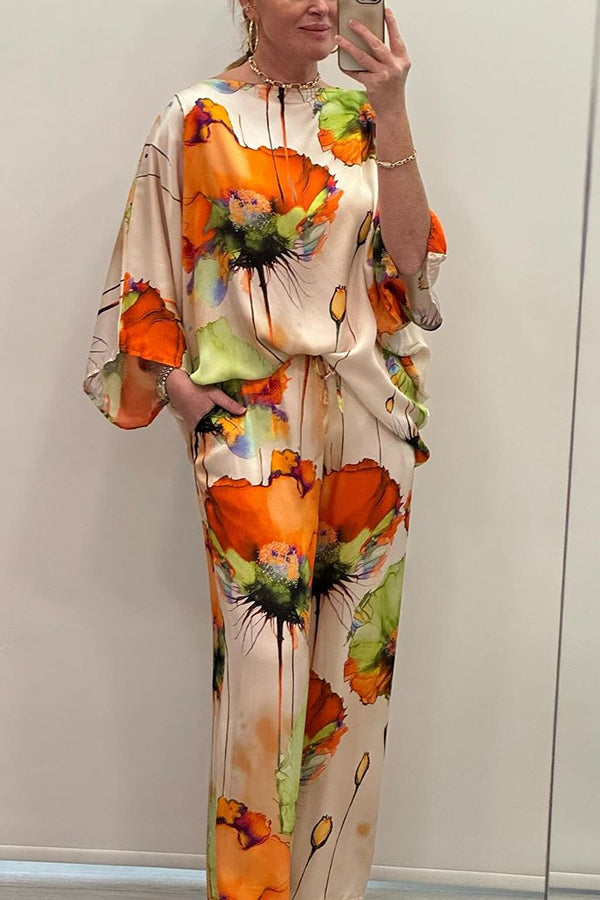 Satin Botanical Print Crew Neck Top and Elastic Waist Loose Pocket Pants Set