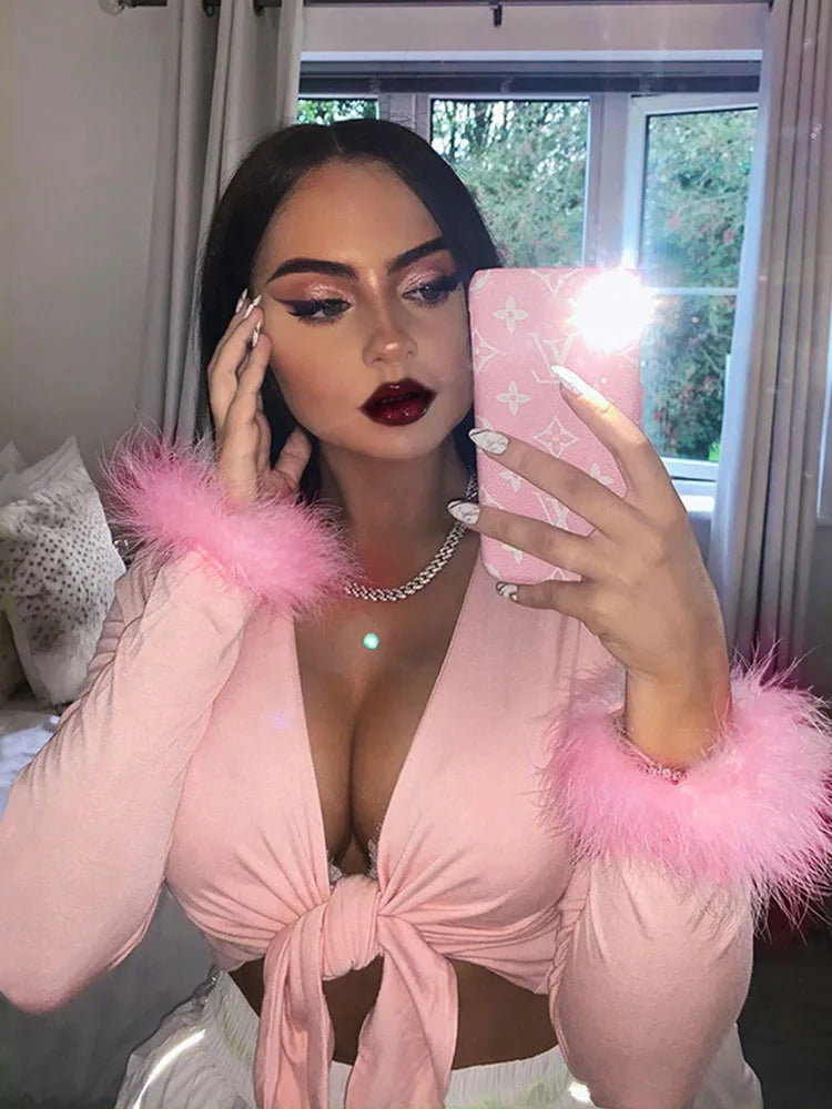 Long Sleeve Fur V-neck Wrapped Bandage Crop Tops Autumn Winter Club Party Outfits T-shirts
