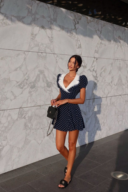 Lace Trim Polka Dot V-neck Fitted Mini Dress