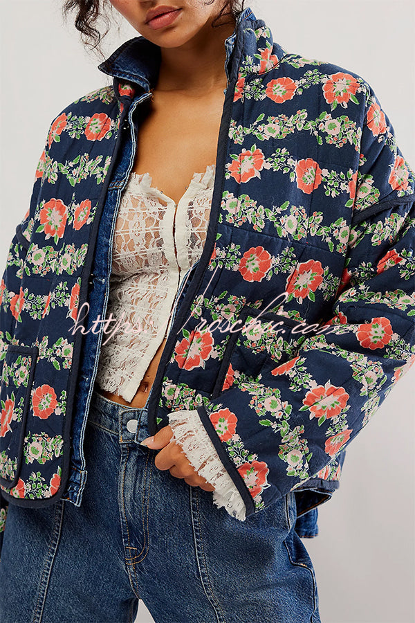 Print Pocket Contrast Concealed Button Cotton Coat