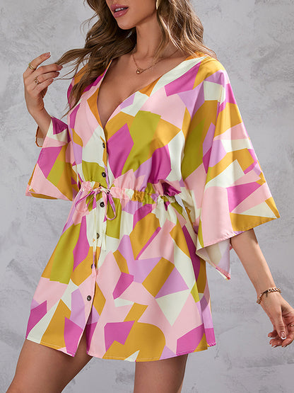 A-line Half Sleeves Buttoned Drawstring Printed V-neck Mini Dresses