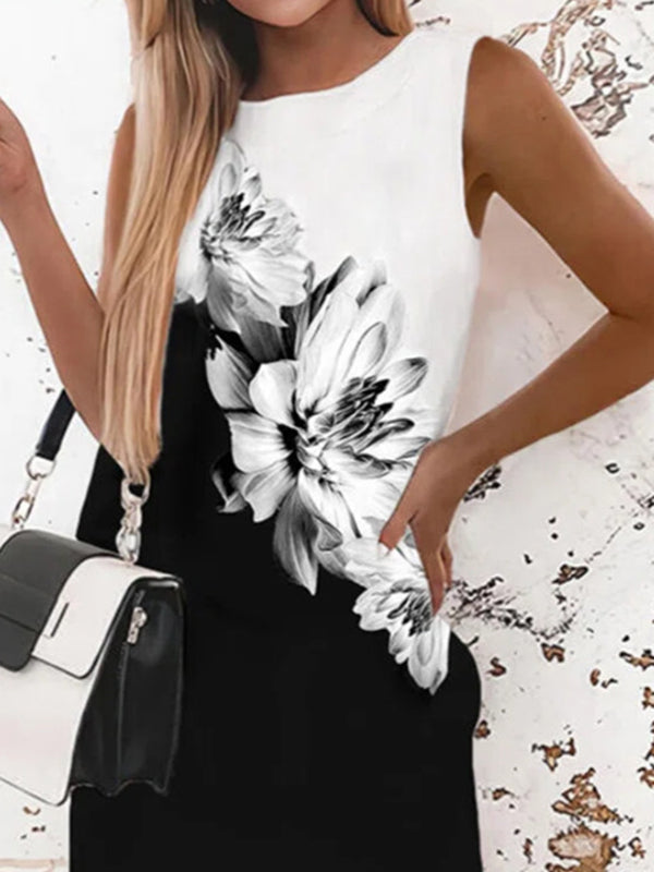 Loose Sleeveless Flower Print Round-neck Mini Dresses