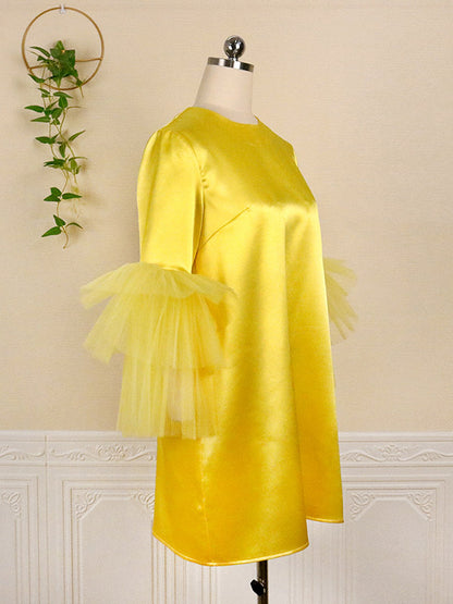 Half Sleeves Loose Shiny Color Split-joint Tulle Round-neck Mini Dresses