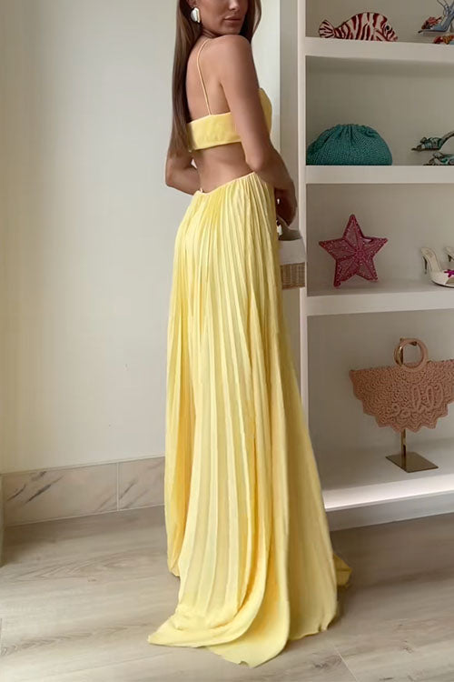 Moxidress Spaghetti Strap Back Cut Out Pleated Maxi Dress