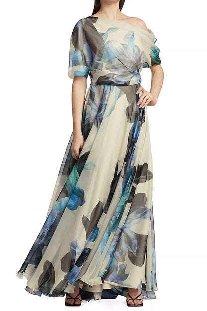 Unique Printed Short-sleeved One-shoulder Maxi Dress