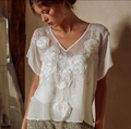 Bohemian Style Woman's V-neck White Rose Short-sleeved Shirt elevenforest
