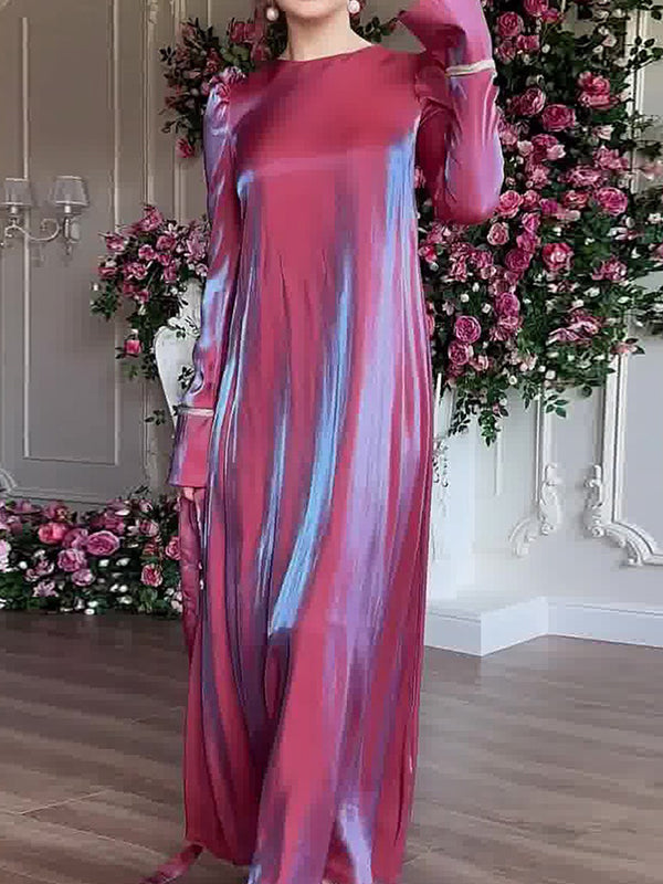 A-line Long Sleeves Pleated Color Tied Waist Zipper Round-neck Maxi Dresses