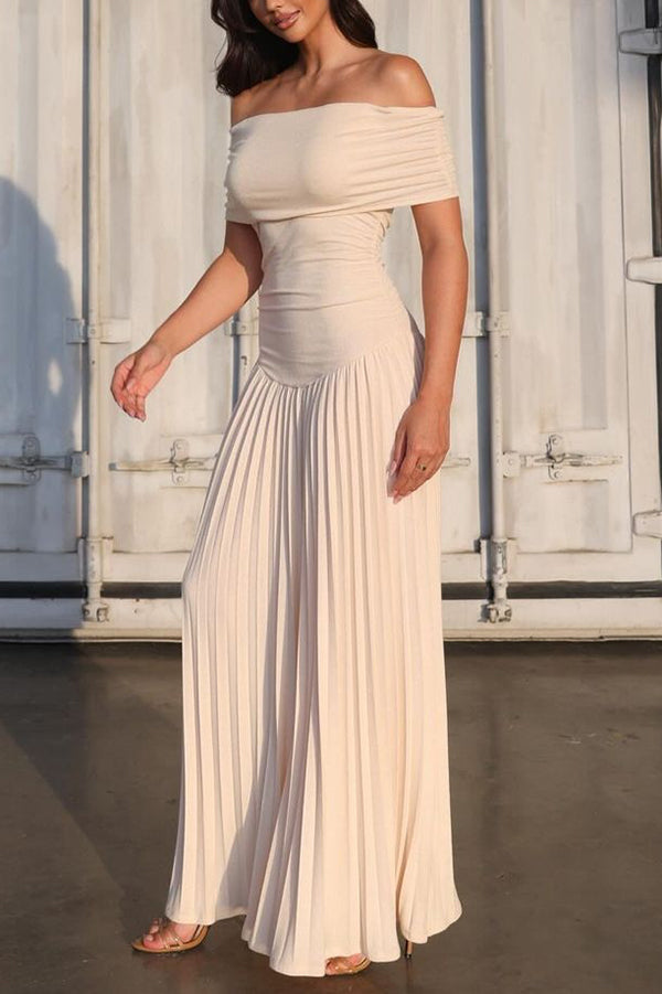 Off-shoulder Slim Fit Pleated Maxi Dress