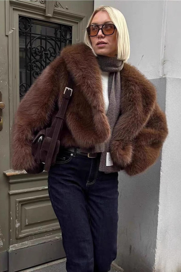 Retro Color Plush Warm Short Notch Collar Coat
