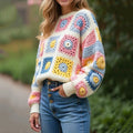 Women's Classic Grandma Check Crochet Floral Round Collar Sweater artswardrobe