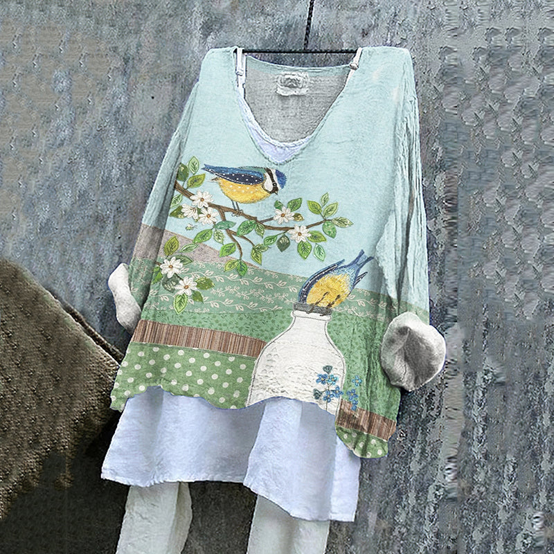 Women's Blue Tits Bottle Birds Greetings Art  Loose V-neck Shirt elevenforest