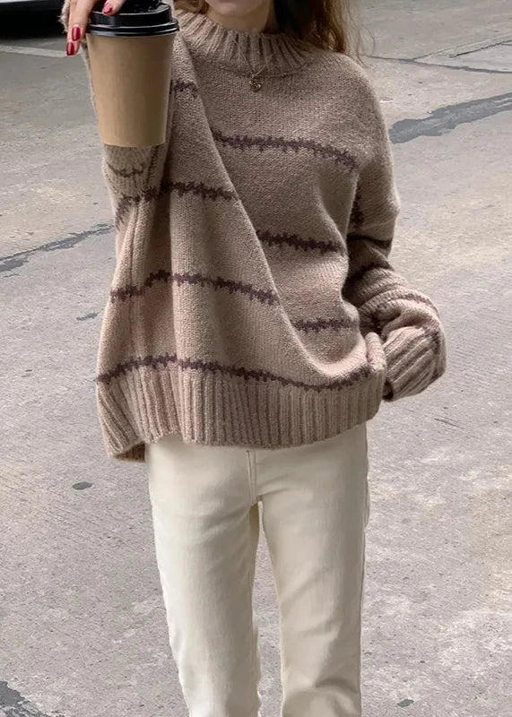 Oversized Cozy Knit Sweater - Long Sleeve Striped Knitwear