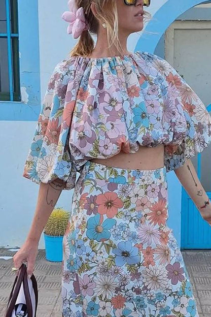 Holiday Print Top & Skirt Two-piece Set