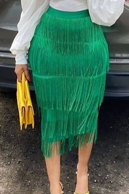 Color High Waist Elastic Waist Pleat Fringed Skirt