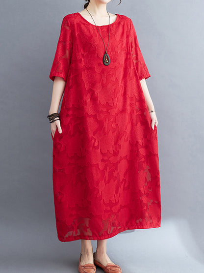 Loose Three-quarter Sleeves Jacquard See-through Color Round-neck Midi Dresses