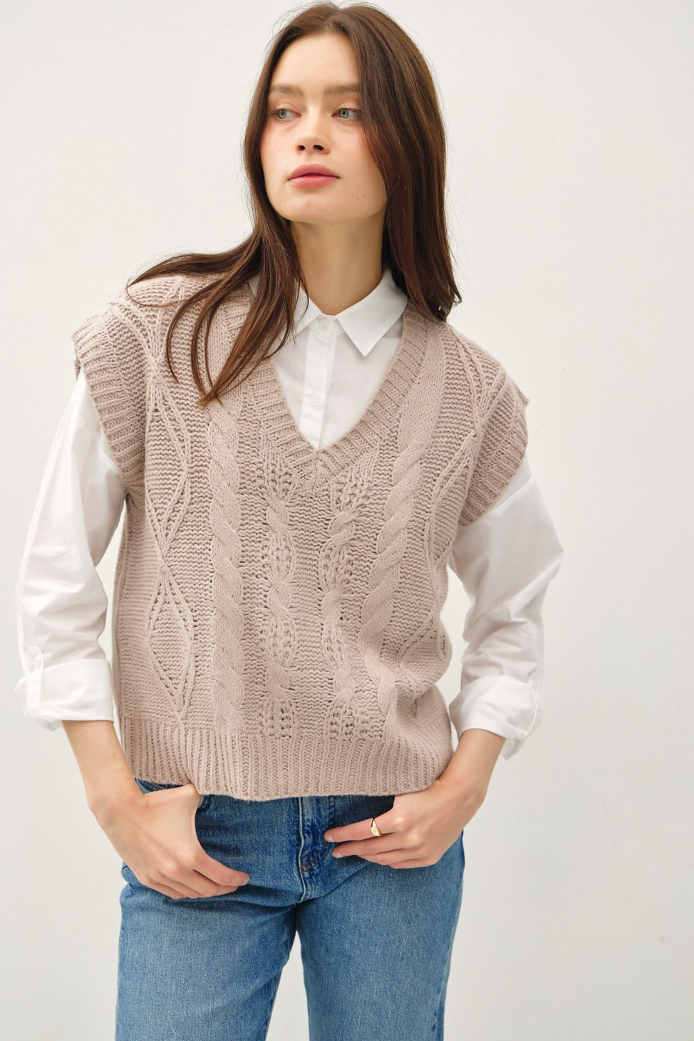 Maritza® | Be Cool cable knit V-neck sweater