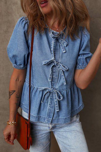 Denim Tie Bow Blouse