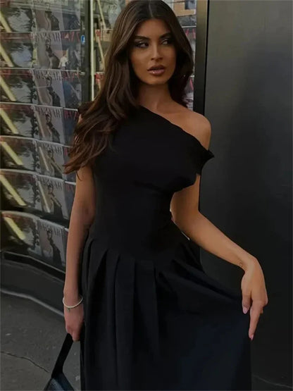 Black Off-shoulder Autumn Long Dress for High Waist Patchwork Slim One-shoulder Party Dress Female Maxi Dress