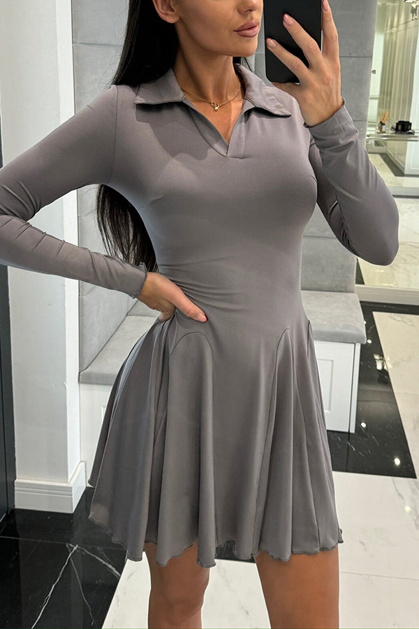 Color Lapel Long Sleeve Slim Fit Waist Mini Dress