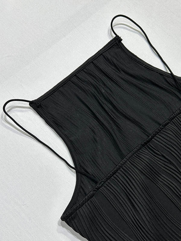 Bodycon Sleeveless Pleated Color Split-back Split-joint Zipper Spaghetti-neck Maxi Dresses