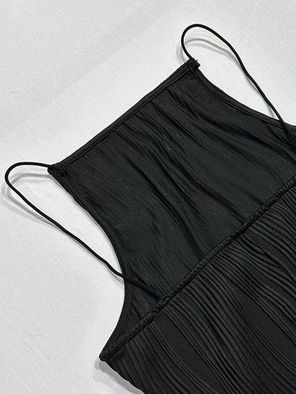 Bodycon Sleeveless Pleated Color Split-back Split-joint Zipper Spaghetti-neck Maxi Dresses