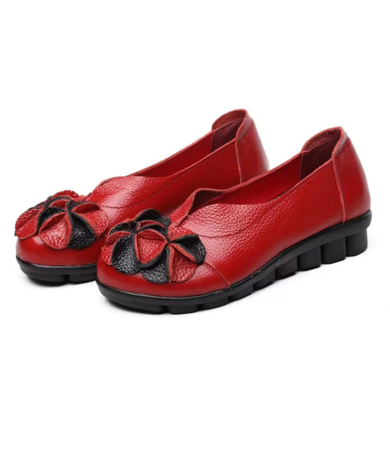 Red Flat Feet Shoes Cowhide Leather Splicing