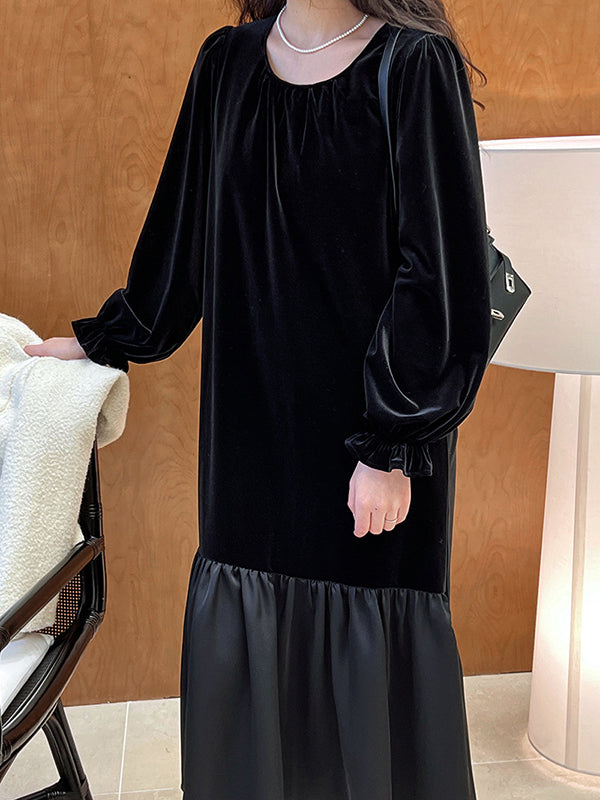 Flared Sleeves Long Sleeves Contrast Color Pleated Ruffled Split-joint Velvet Round-neck Midi Dresses