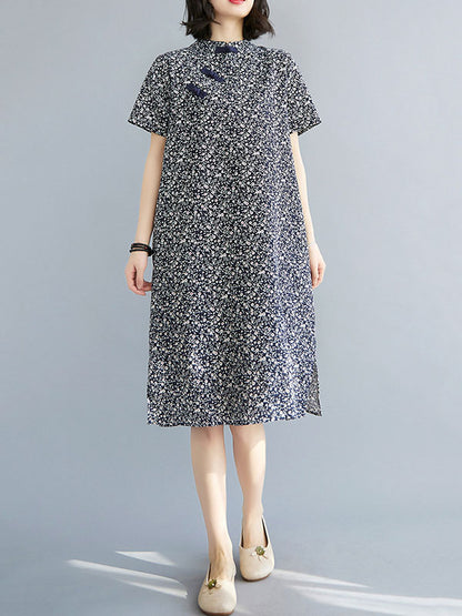 Artistic Retro Printed Stand Collar Short Sleeves Cheongsam Midi Dress