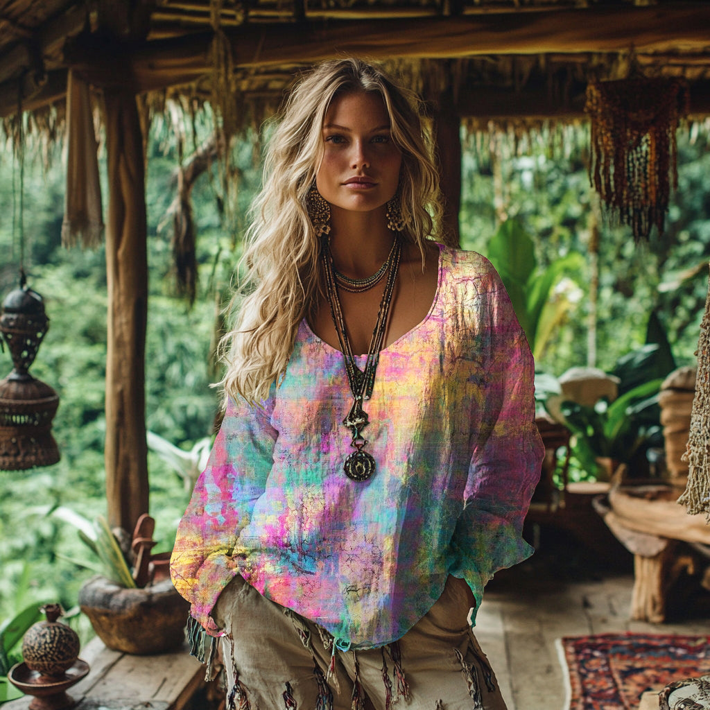 Women's Vintage Bohemian Tie-dye Art Linen Casual T-shirt elevenforest
