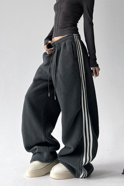 Sporty Plush Wide-leg Striped Pants