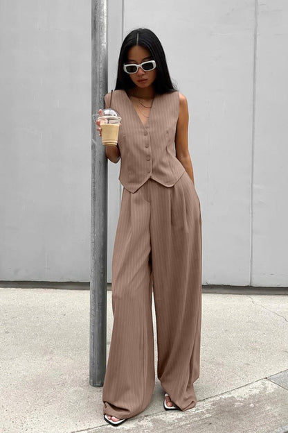 Brown Striped Two Piece Vest Pants Set
